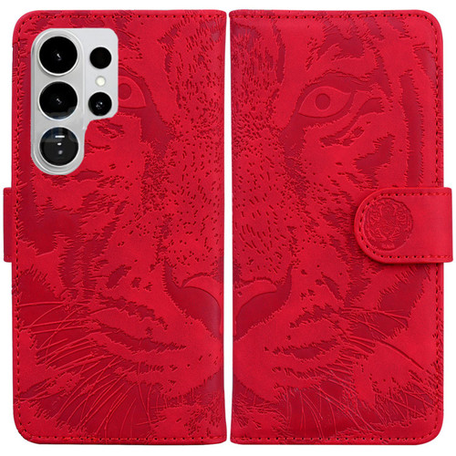 Samsung Galaxy S26 Ultra 5G Tiger Embossing Pattern Flip Leather Phone Case - Red