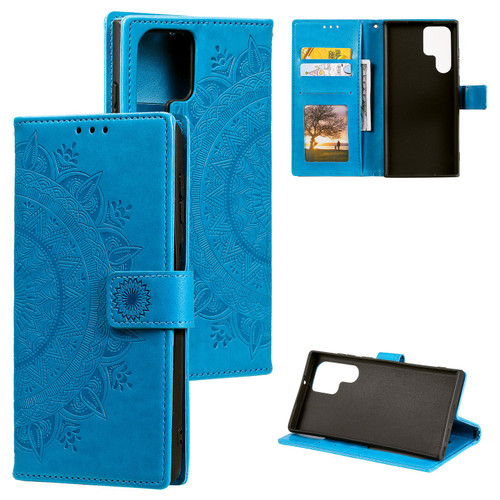 Samsung Galaxy S26 Ultra 5G Totem Flower Embossed Leather Phone Case with Lanyard - Blue