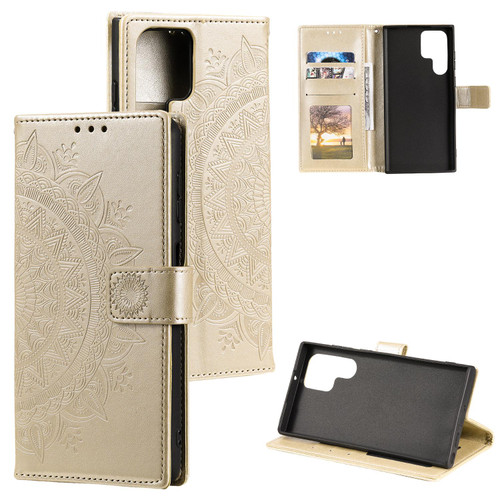 Samsung Galaxy S26 Ultra 5G Totem Flower Embossed Leather Phone Case with Lanyard - Gold
