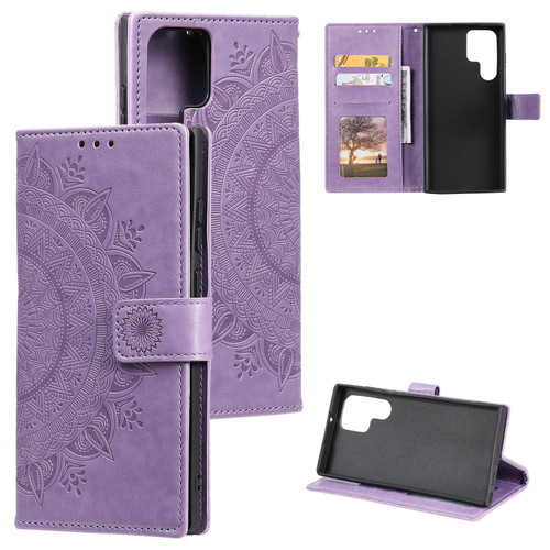Samsung Galaxy S26 Ultra 5G Totem Flower Embossed Leather Phone Case with Lanyard - Purple