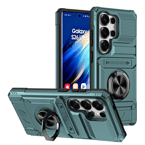 Samsung Galaxy S26 Ultra 5G TPU Hybrid PC Shockproof Card Phone Case with Metal Ring Holder - Green
