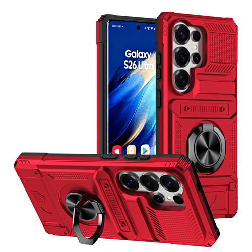 Samsung Galaxy S26 Ultra 5G TPU Hybrid PC Shockproof Card Phone Case with Metal Ring Holder - Red
