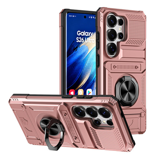 Samsung Galaxy S26 Ultra 5G TPU Hybrid PC Shockproof Card Phone Case with Metal Ring Holder - Rose Gold