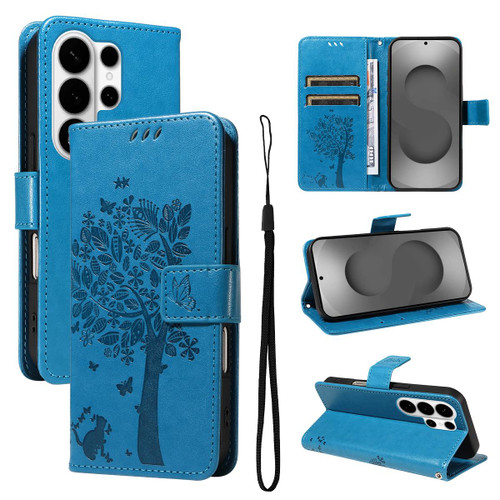 Samsung Galaxy S26 Ultra 5G Tree & Cat Embossed Pattern Flip Leather Phone Case - Blue