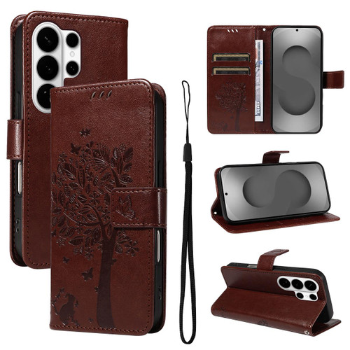 Samsung Galaxy S26 Ultra 5G Tree & Cat Embossed Pattern Flip Leather Phone Case - Coffee