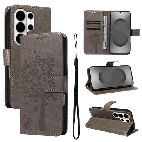 Samsung Galaxy S26 Ultra 5G Tree & Cat Embossed Pattern Flip Leather Phone Case - Grey