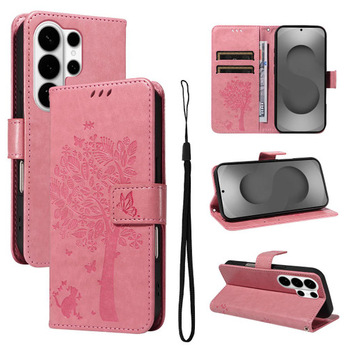 Samsung Galaxy S26 Ultra 5G Tree & Cat Embossed Pattern Flip Leather Phone Case - Pink
