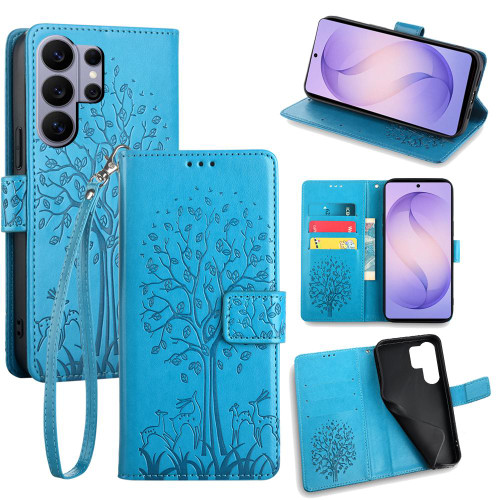 Samsung Galaxy S26 Ultra 5G Tree & Deer Embossed Leather Phone Case - Blue