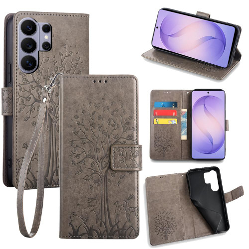 Samsung Galaxy S26 Ultra 5G Tree & Deer Embossed Leather Phone Case - Grey