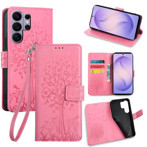 Samsung Galaxy S26 Ultra 5G Tree & Deer Embossed Leather Phone Case - Pink