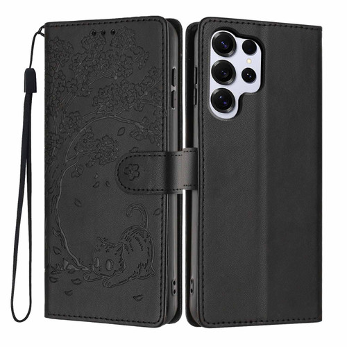 Samsung Galaxy S26 Ultra 5G Tree Cat Embossed Flip Vegan Leather Phone Case - Black