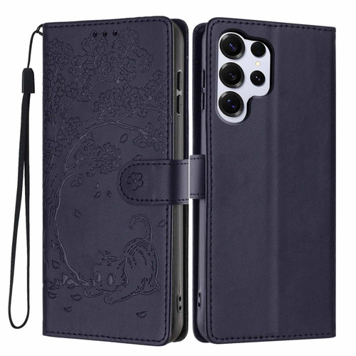 Samsung Galaxy S26 Ultra 5G Tree Cat Embossed Flip Vegan Leather Phone Case - Dark Blue