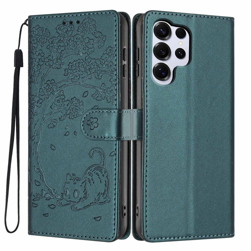 Samsung Galaxy S26 Ultra 5G Tree Cat Embossed Flip Vegan Leather Phone Case - Deep Green