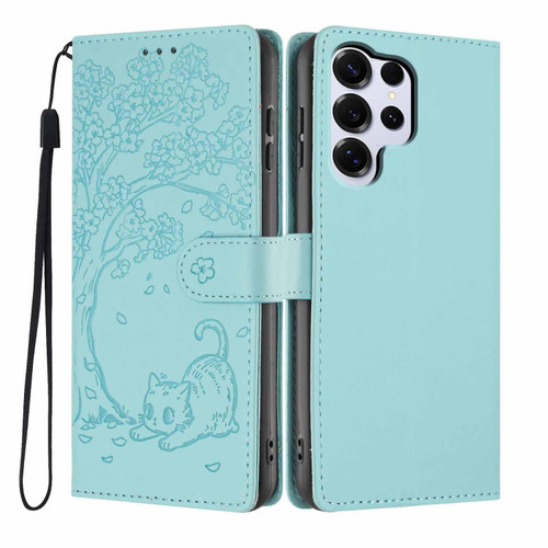Samsung Galaxy S26 Ultra 5G Tree Cat Embossed Flip Vegan Leather Phone Case - Light Green
