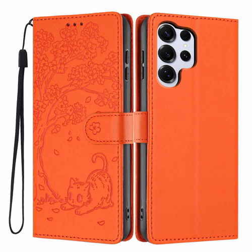 Samsung Galaxy S26 Ultra 5G Tree Cat Embossed Flip Vegan Leather Phone Case - Orange
