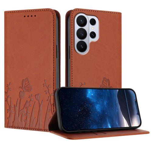 Samsung Galaxy S26 Ultra 5G Tulips Butterfly Pattern Magnetic Vegan Leather Phone Case - Coffee