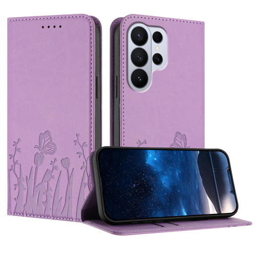 Samsung Galaxy S26 Ultra 5G Tulips Butterfly Pattern Magnetic Vegan Leather Phone Case - Light Purple