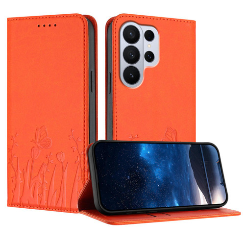Samsung Galaxy S26 Ultra 5G Tulips Butterfly Pattern Magnetic Vegan Leather Phone Case - Orange