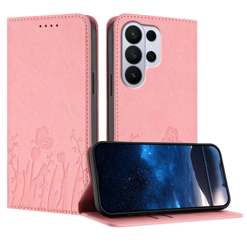 Samsung Galaxy S26 Ultra 5G Tulips Butterfly Pattern Magnetic Vegan Leather Phone Case - Pink