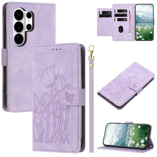 Samsung Galaxy S26 Ultra 5G Tulips Embossed Leather Phone Case with Lanyard - Purple
