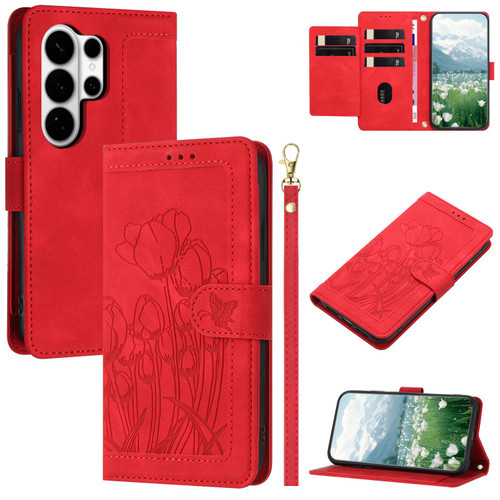 Samsung Galaxy S26 Ultra 5G Tulips Embossed Leather Phone Case with Lanyard - Red