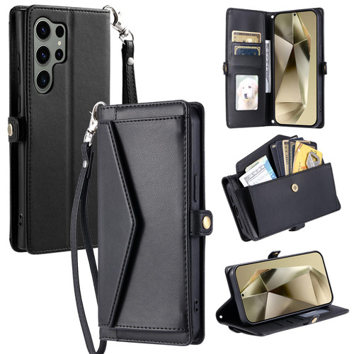 Samsung Galaxy S26 Ultra 5G Wallet Multi-card Slot Leather Phone Case with Lanyard - Black