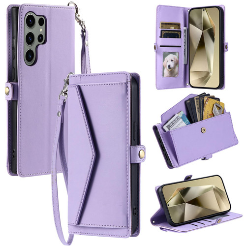 Samsung Galaxy S26 Ultra 5G Wallet Multi-card Slot Leather Phone Case with Lanyard - Purple