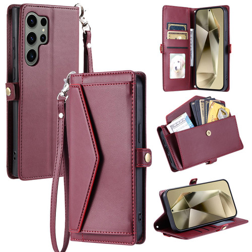 Samsung Galaxy S26 Ultra 5G Wallet Multi-card Slot Leather Phone Case with Lanyard - Wine Red