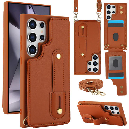 Samsung Galaxy S26 Ultra 5G Wristband Vertical Flip Wallet Back Cover Phone Case with Long Lanyard - Brown