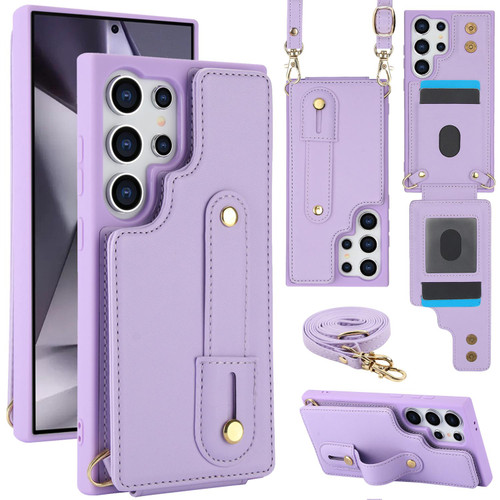 Samsung Galaxy S26 Ultra 5G Wristband Vertical Flip Wallet Back Cover Phone Case with Long Lanyard - Purple