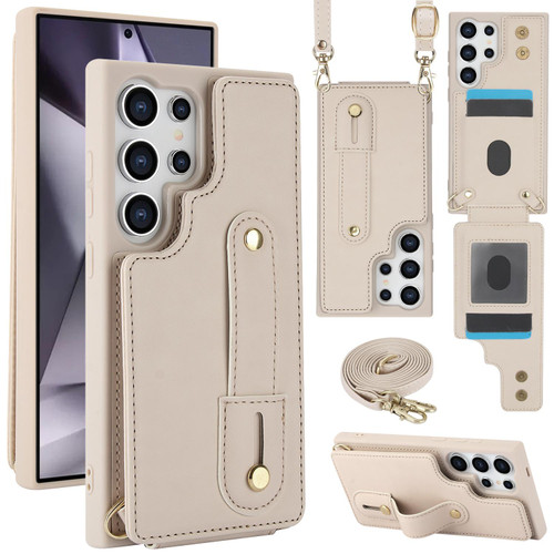 Samsung Galaxy S26 Ultra 5G Wristband Vertical Flip Wallet Back Cover Phone Case with Long Lanyard - White