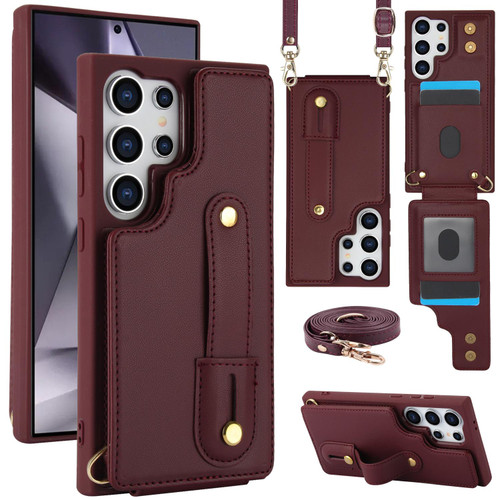 Samsung Galaxy S26 Ultra 5G Wristband Vertical Flip Wallet Back Cover Phone Case with Long Lanyard - Wine Red