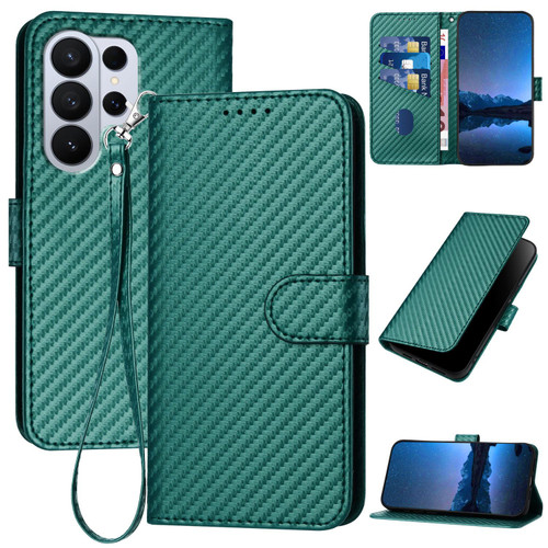 Samsung Galaxy S26 Ultra 5G YX0070 Carbon Fiber Buckle Leather Phone Case with Lanyard - Dark Green