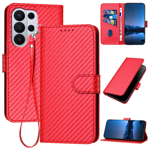 Samsung Galaxy S26 Ultra 5G YX0070 Carbon Fiber Buckle Leather Phone Case with Lanyard - Red