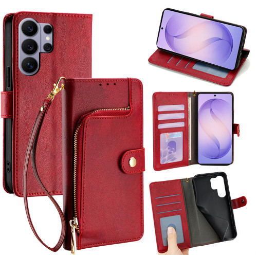 Samsung Galaxy S26 Ultra 5G Zipper Bag Leather Phone Case - Red