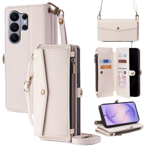 Samsung Galaxy S26 Ultra 5G Zipper Wallet Side Buckle Crossbody Lanyard Leather Phone Case - White
