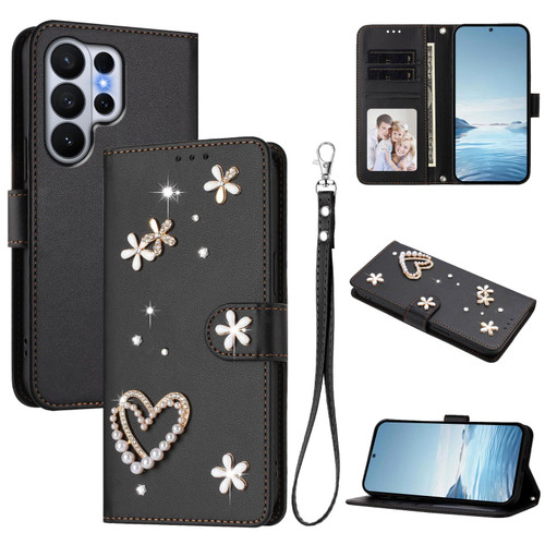 Samsung Galaxy S26 Ultra 5G ZS01 Double-Layer Heart Floral Vegan Leather Phone Case with Wrist Strap - Black