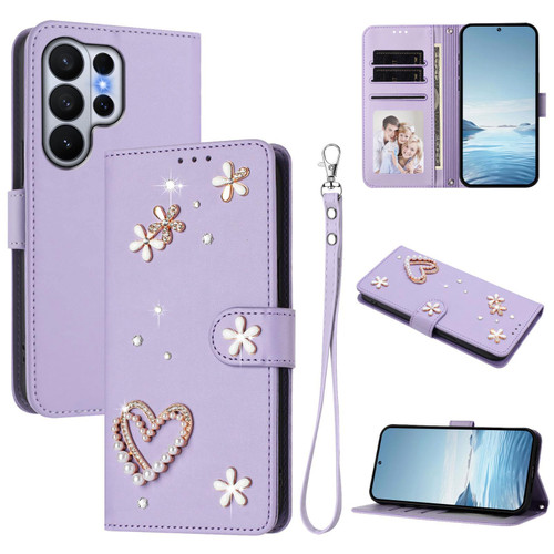 Samsung Galaxy S26 Ultra 5G ZS01 Double-Layer Heart Floral Vegan Leather Phone Case with Wrist Strap - Light Purple
