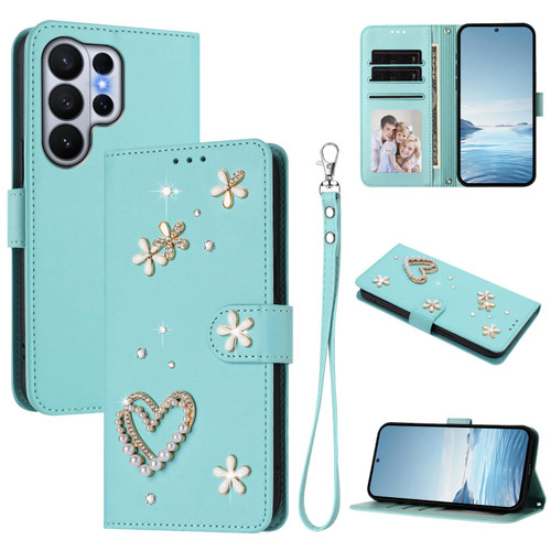 Samsung Galaxy S26 Ultra 5G ZS01 Double-Layer Heart Floral Vegan Leather Phone Case with Wrist Strap - Mint Green