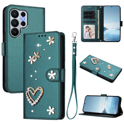 Samsung Galaxy S26 Ultra 5G ZS01 Double-Layer Heart Floral Vegan Leather Phone Case with Wrist Strap - Peacock Green