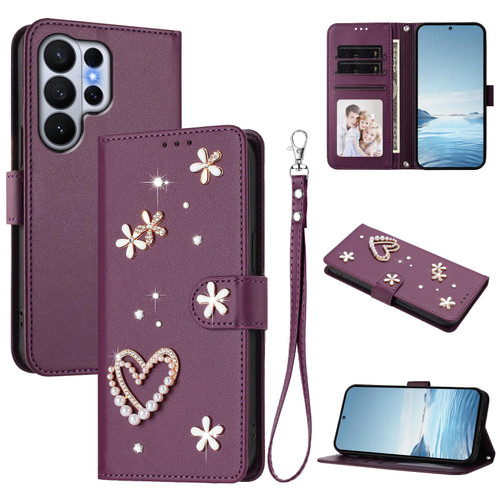Samsung Galaxy S26 Ultra 5G ZS01 Double-Layer Heart Floral Vegan Leather Phone Case with Wrist Strap - Violet