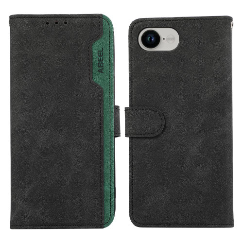 iPhone 16e / 17e ABEEL Color Block Magnetic RFID Leather Phone Case - Black-Green