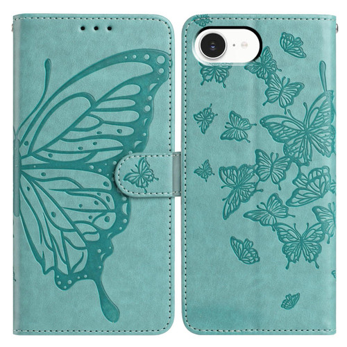 iPhone 16e / 17e Butterfly Flutter Pattern Embossed Leather Phone Case - Green
