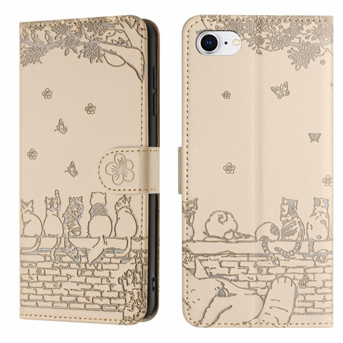 iPhone 16e / 17e Cat Embossing Pattern Leather Phone Case with Lanyard - Beige