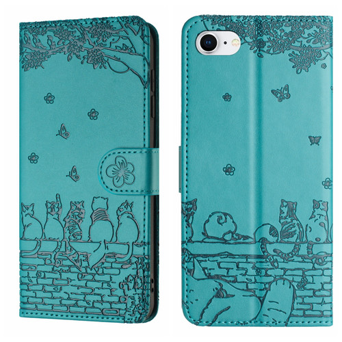 iPhone 16e / 17e Cat Embossing Pattern Leather Phone Case with Lanyard - Blue