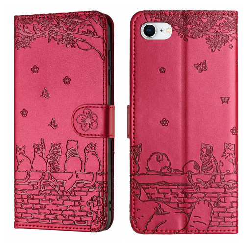 iPhone 16e / 17e Cat Embossing Pattern Leather Phone Case with Lanyard - Red