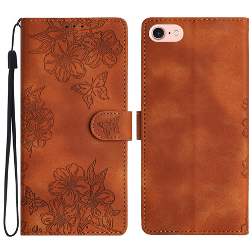 iPhone 16e / 17e Cherry Blossom Butterfly Skin Feel Embossed PU Phone Case - Brown