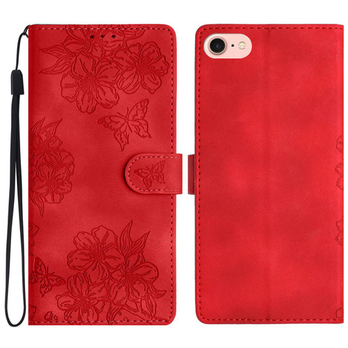 iPhone 16e / 17e Cherry Blossom Butterfly Skin Feel Embossed PU Phone Case - Red