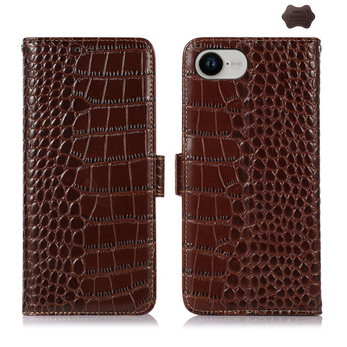 iPhone 16e / 17e Crocodile Top Layer Cowhide Leather Phone Case - Brown
