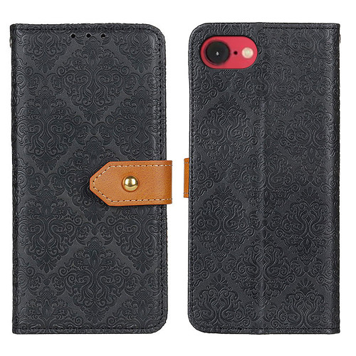 iPhone 16e / 17e European Floral Embossed Leather Phone Case - Black